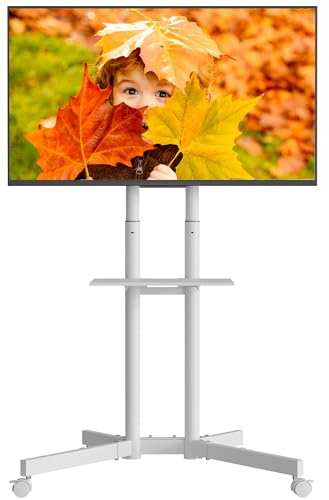 BONTEC Mobile TV Stand on Wheels, Rolling TV Cart with Locking Wheels for 32-85” LED, LCD, OLED Flat & Curved TVs, Tilt, Height Adjustable, Max VESA 600x400mm, 55kg Capacity, Laptop Shelf, White