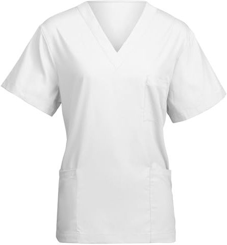 AUYAO Camisas para Trabajos Sanitarios, Uniformes Sanitarios Mujer Hombre, Pijama Sanitario Mujer, Ropa de Trabajo Mujer, Uniforme Estetica Mujer, Uniforme Empleada Hogar, Blanco-L