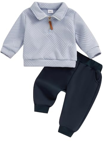 LUVCES Vêtement Bébé Garçon Manche Longue col Rabattu Uni/à Carreaux Sweatshirt +Pantalon 2 Pièces Automne Hiver Ensemble de Survêtement