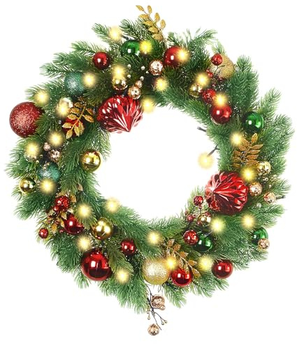 40cm Couronne De Noel Lumineuse, Couronne Porte Noel, 8 Modes Et Minuterie, Convient pour Portails, Cheminées, Porches, avec des Flocons De Neige Et des Pignons De Pin (Lumières LED Incluses)