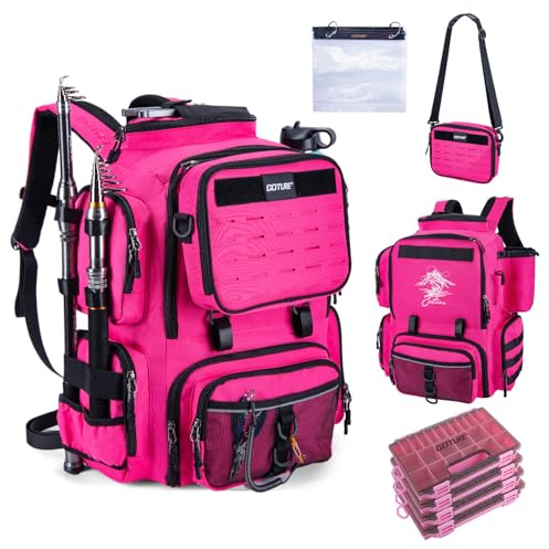 Goture Fishing Backpack with 4 Tackle Boxes, 900D Water-Resistant Tackle Backpack with Rod Holders, 58L Large Storage Gear Fishing Bag with Detachable Crossbody Bag, 8 Lure Pockets for Camping Hiking