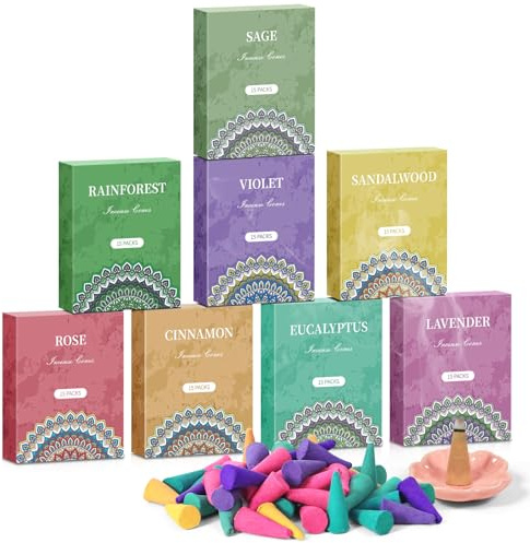 DERDUFT Incense Cones 120 Cones, 8 Fragrance with Incense Holder, Rose, Lavender, Eucalyptus, Sandalwood for Home, Yoga, Meditation, Incense Gift Pack