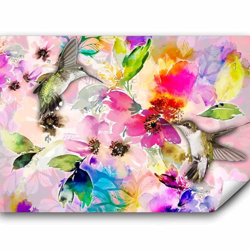 murando Fototapete Blumen Aquarell 350x256 cm Vlies Tapeten Wandtapete XXL Moderne Wanddeko Design Wand Dekoration Wohnzimmer Schlafzimmer Büro Flur Kolibri bunt g-C-0073-a-b