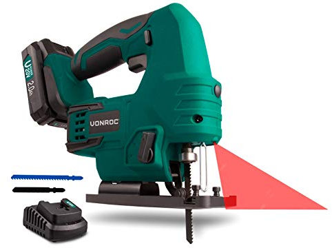 VONROC Seghetto alternativo a batteria VPower 20V. Include una batteria 2.0 Ah, caricabatterie rapido, lame per sega, guida parallela, chiave a brugola e sacca portautensili