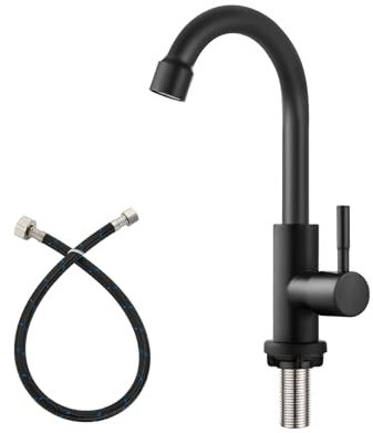 Matte Black Cold Water Only Kitchen Faucet Single Handle 1 Hole Deck Mount 360 Degree Swivel Spout High Arc SUS304 Stainless Steel Sink Bar Tap Goose Neck with Hose(Drain Not Included)