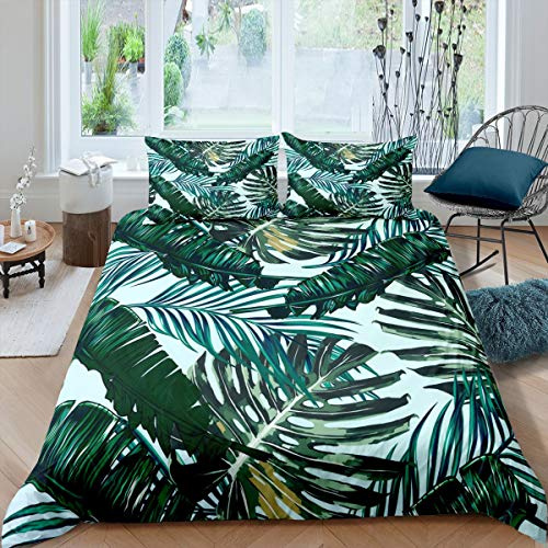 Homemissing Set copripiumino con foglie tropicali con stampa di foglie botaniche, set di biancheria da letto verde pianta, rami, 3 pezzi