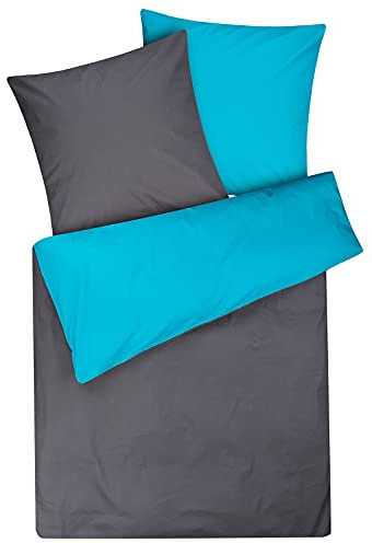 Moon Juego de ropa de cama reversible con cremallera, 100% algodón, aprox. 135 x 200 / 80 x 80 cm (antracita/turquesa)
