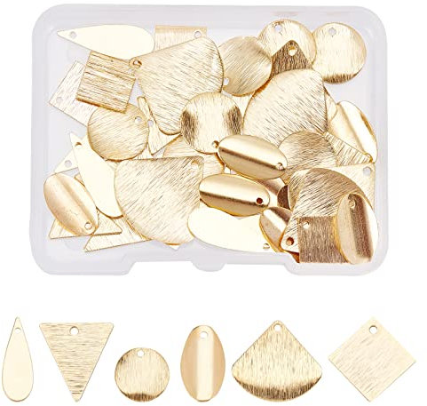 SUPERFINDINGS 48 Stück 6 Stile Messing Anhänger Charms Echt 24 Karat Vergoldetes Messing Blanko Charms Dreieck Oval Quadratisch Fan Blank Stamping Tag Anhänger Für Die Schmuckherstellung