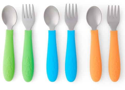 Älg och vänner barn bestick med silikonhandtag | Barnsäkra Bestick | Småbarnsredskap | Babyskedar + gafflar | Rostfritt stål Bestick | Diskmaskinssäker | 6 delar