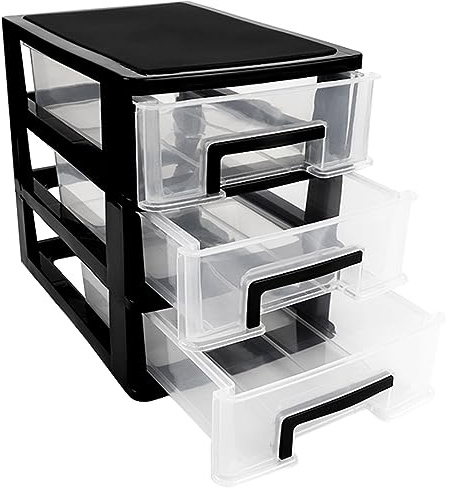 LNQ LUNIQI 3-Tier Plastic Drawer Organizer, Portable Storage Cabinet, Transparent, Black, Size 21x15x19cm/8.27x5.91x7.48inches