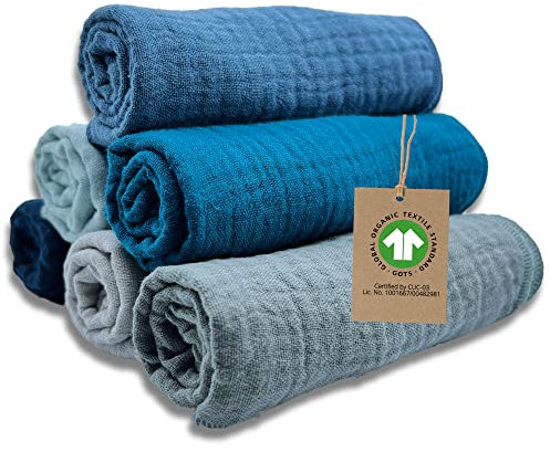 mimaDu - 6er Set Baby Musselin Tuch aus Bio-Baumwolle GOTS 25x25cm - Spucktücher für Junge - Babywaschlappen/Mulltücher extra weich, saugfähig - Kleine Handtücher für Babypflege (Blau, Ocean)