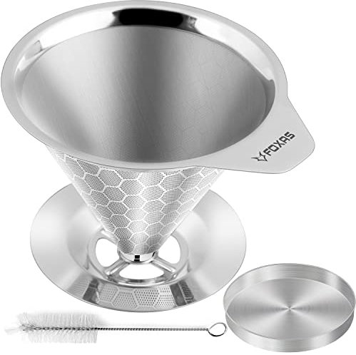 FOXAS Pour Over Kaffeefilter, Wiederverwendbare Edelstahl Dauer Kaffeefilter, Papierlose Permanent Kaffeesiebe, Metallkegel- Kaffeefilter mit Sockel und Reinigungsbürsten
