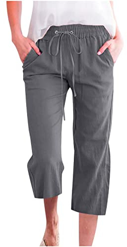oglccg Womens Capris Trousers 3/4 Pants Cotton linen Elastic High Waist Cropped Pants Drawstring Summer Autumn Solid Color Pockets Loose Pants Straight Wide Leg Trousers Outdoor, Dark Gray, XXL