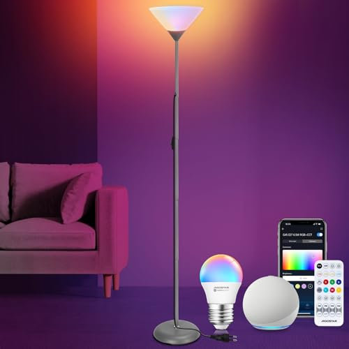 Aigostar LED Stehlampe Wohnzimmer, inkl Bluetooth Mesh G45 E27 6.5W Glühbirne und Fernbedienung, Floor Lamp Stehlampe Dimmbar RGB & 2700K-6500K, Funktioniert mit Alexa, Standleuchte für Schlafzimmer
