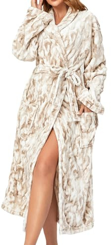 Beokeuioe Women's Dressing Gown, Super Soft Fluffy Thick Bathrobe with Shawl Collar, Comfortable Winter Fleece Bathrobe, Women's Dressing Gown with Pocket, Elegant Loungewear, beige, M