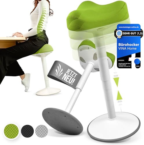 Vina Home® SH-01 Bürohocker Ergonomisch [IGR Zertifiziert] | Sitzhocker ergonomisch höhenverstellbar [58-83cm]| Ergonomischer Hocker für Arbeit & Freizeit | Schwingeffekt [rutschfest] (Grün)