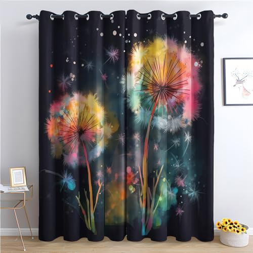 THYUNQ Vorhänge Bunte Pusteblume Motiv, Vorhang Blickdicht Verdunklungsvorhänge Thermovorhang mit Ösen, Gardinen Wohnzimmer Schlafzimmer Fenster, 2er Set Curtains, H 220 x B 140 cm