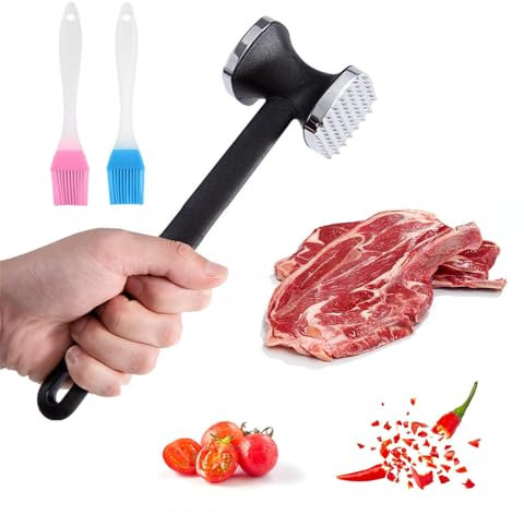 Violotoris Fleischklopfer, doppelseitiger Fleischhammer, Fleischklopfer, ergonomischer Griff, wiederverwendbar, mit Bürsten, für Steak, Huhn, Koteletts (Schwarz + Silber)
