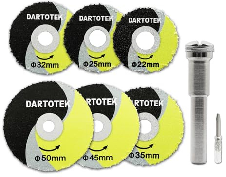 DARTOTEK Ruote da taglio per legno, disco da taglio in carburo di tungsteno,legno con chiodi, gomma, plastica 22mm/25mm/32mm/35mm/45mm/50mm + gambo rotondo rimovibile + cacciavite monopezzo