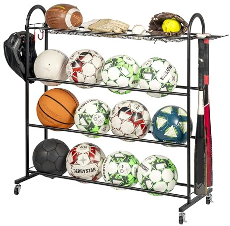eluno Supporto per la conservazione delle palle sportive in acciaio nero con superfici di appoggio, supporto per mazze da baseball e ganci, supporto per palle per la conservazione di palloni da calcio