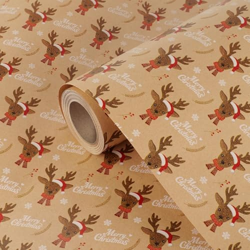 44cm x 15M Christmas Wrapping Paper for Gifts, Recyclable Kraft Xmas Wrapping Paper Printed with Xmas Pattern for Christmas Party Gift Wrap