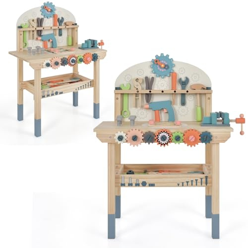 HOMASIS Banco da Lavoro per Bambini, Banco in Legno con Scaffale Magnetico per l'Archiviazione e Accessori, Banchetto da Lavoro, Giocattolo Educativo per Bambini 3+ Anni, 60x30x79cm, Multicolore