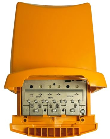 Amplificador de mástil, 4 entradas, amplificación de señal, bajo nivel de ruido; mejora recepción de televisión en áreas remotas.