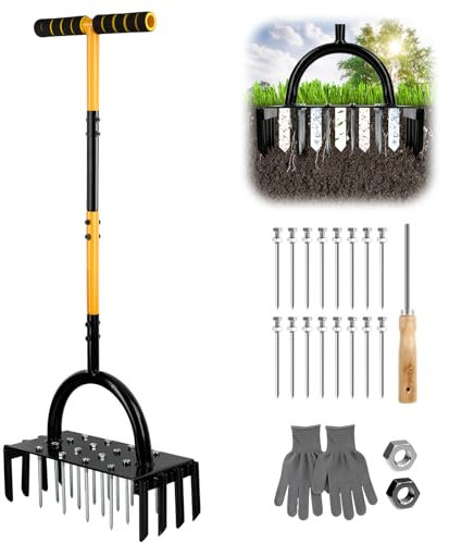 Aireador Herramienta de césped, 96 cm Aireador Cesped Escarificador Cesped Manual, aireador de Tierra Manual con Mango en T con 17 Picos de Acero sólido de 9 cm para airear césped, Patio, Suelos