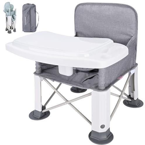 Bebamour Baby Highchair Portable for Outdoor Foldable Booster Seat Toddlers Booster Dining Seat with Removable Tray Feeding Chair with Storage Bag, Grey