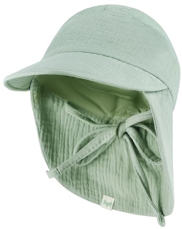Petinard Label muslin skärmössa solhatt med nack- och öronskydd UV-skydd (UPF 50+) för spädbarn och barn – unisex, Laurel grön, 50