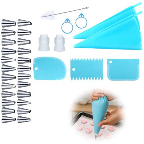 DmDoyy Poche À Douille 34 Pièces, Poche A Douille Patisserie Reutilisable avec 24 Douilles en INOX, Kit Professionnelle, DIY Patisserie Accessoire pour Décoration De Cupcake Et Muffins Gâteaux