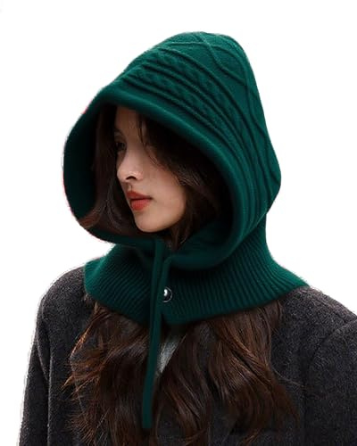 Peicees Knitted Balaclava Drawstring Hooded Scarf Hat Womens Beanie Skull Cap Winter Neck Gaiters Fashion Dark Green