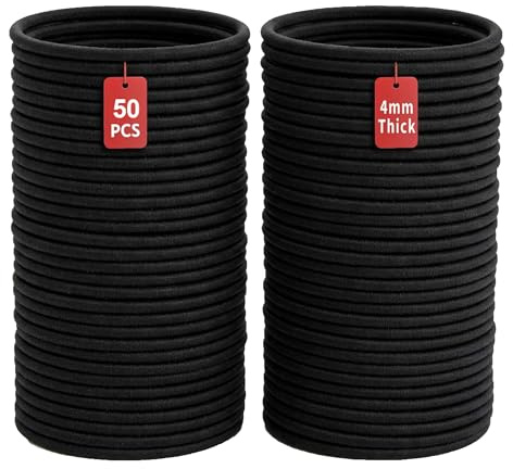 KEAH 50pcs Black Hair Bands for Women - 4mm Thick Seamless Elastic Hair Ties - Strong Grip Hair Bobbles for All Hair Types - No Damage & Snag Free Ponytail Holders