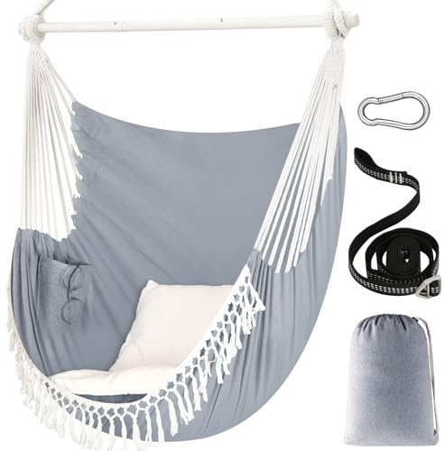 Chihee Sièges Suspendus 150 x 120 cm Fauteuil hamac Poids Maximal 227 kg Balançoire Suspendue Confortable et Large 2 Coussins Barre d'écartement en métal avec rainures antidérapantes Poche latérale