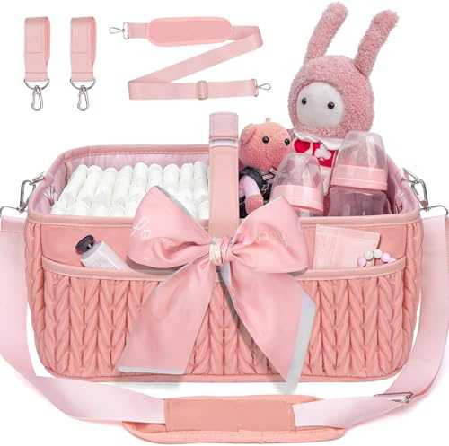 HLWDFLZ Baby Diaper Caddy Organizer - Large diaper basket with Adjustable Shoulder Strap, Portable Car Travel Tote Bag with Stroller Clips, Essential Newborn Girl Registry Gift, Pink