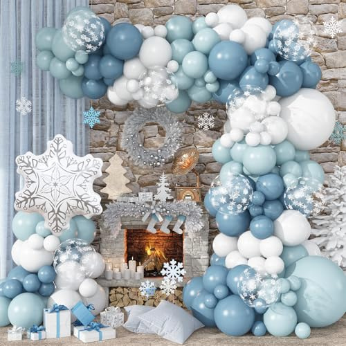 Kit d'arche de ballons Winter Wonderland, guirlande de 101 ballons bleu poussiéreux et blancs avec flocons de neige pour Noël, vacances, glace, neige, fille, princesse, fête prénatale, fête