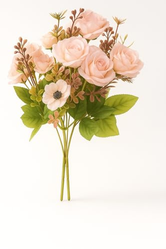 MeraPrime Ramo de Flores Artificiales Decoracion Jarrones - Ramo Rosas Artificiales- Flores Artificiales Realistas Ramos de Flores Decoración Hogar 33 cm - Centro de Mesa Decorativo Home Decoration