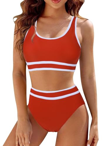 Mayoii 2 Piece Swimsuit for Women Bikini Set High Waisted Bottom Padded Push Up Top Tummy Control Swimwear Swimming Costumes Bathing Suit (UK, Alpha, S, Regular, Regular, Brick Red)