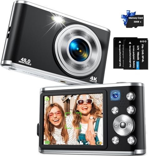 Digital Camera, AutoFocus 4K Vlogging Camera with Dual Camera 48MP 16X Digital Zoom Kids Compact Camera with 32GB Memory Card Portable Point and Shoot Cameras for Teens Beginner