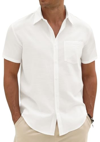 Xnova Chemise Lin Homme en Coton et Lin Chemise Homme Manches Courtes Été Regular Fit avec Poche Décontractée à Chemises Boutonnées pour Plage Vacances et Travail