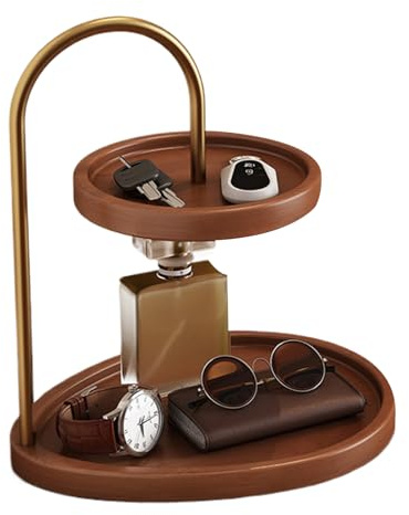 Bandeja de 2 niveles – Organizador de joyas de bambú vintage, almacenamiento decorativo con niveles de presentación elevados | Elegante estante de acento para entradas, dormitorios, tocadores