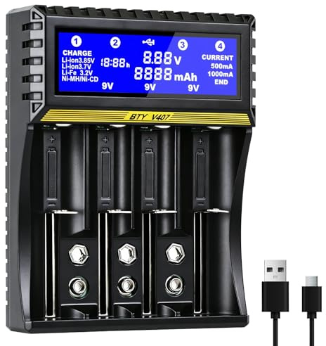 Cargador para pilas recargables, cargador inteligente universal con pantalla LCD para baterías NI-MH, NI-Cd, AA, AAA, 14500, 18350, 20700, 26650, Li-Ion LiFePO4 (4 ranuras)