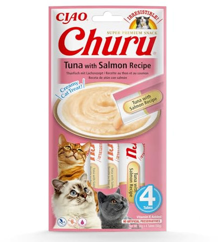 INABA Churu Püree Katzen-Leckerli - Katzenpaste zum Füttern aus der Hand - Köstliche Katzensnacks zum Schlecken - Katzensticks mit Thunfisch und Lachs - 1 Packung / 4 Sticks