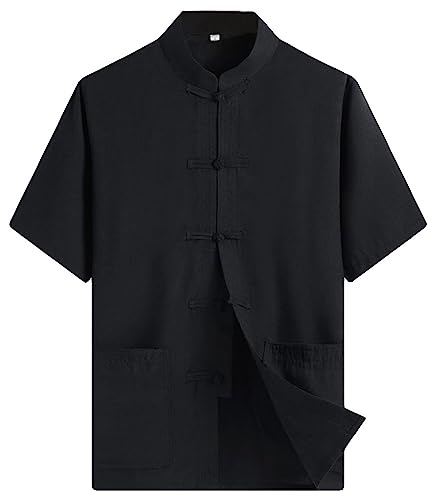 G-LIKE Camicia da uomo estiva – Stile Tang tradizionale cinese Camicia d'arte marziale Kung Fu Tai Chi Abbigliamento da allenamento Camicia da tempo libero Top a maniche corte per uomini, Nero , XL