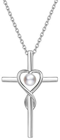 FANCIME Croce Ciondolo Collana Infinito Cuore Gioielli per Donna in Argento 925 con Perla Naturale - Catena Lunghezza: 40 + 5 cm