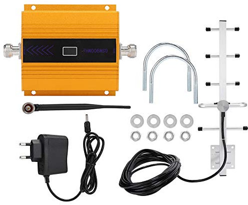 Amplificador de Refuerzo de señal, repetidor de Refuerzo de Amplificador de señal de teléfono móvil gsm 900MHZ Dorado + Antena Interior para el hogar y la Oficina (100-240 V UE)
