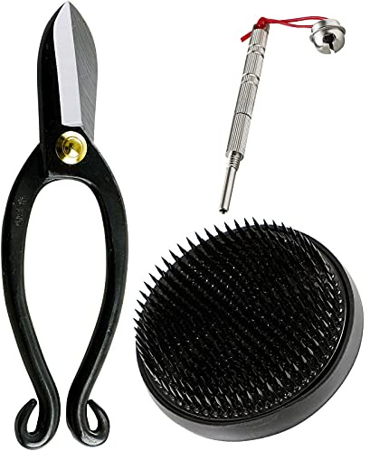 Wazakura 3PCS Japanese Ikebana Essential Tool Set MADE IN JAPAN, Floral Arrangement Kit [ Ikenobo Scissors + 80mm Round Black Kenzan + Flower Pin Holder Care Tool ]