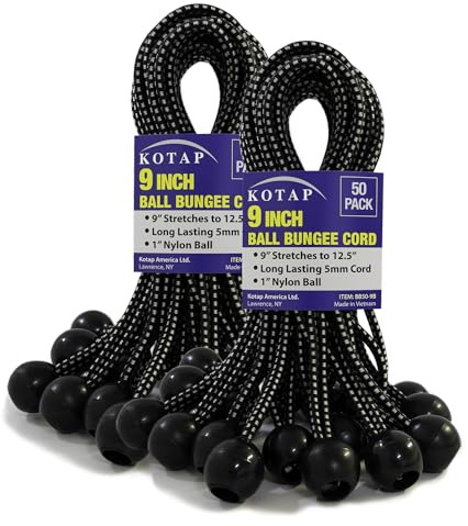 Kotap BB-9B Ball Bungee Cord, Heavy-Duty & Versatile, Indoor & Outdoor, Tarp Tie-Down, Organize & Secure, 9-Inch, Black, 50 Pack