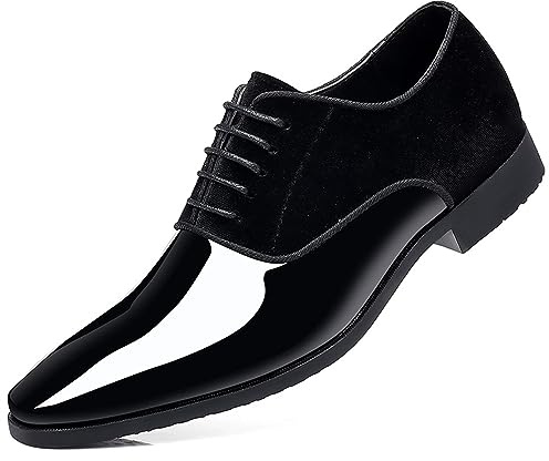 Zapatos de vestir vintage de alto brillo para hombre, de charol, gamuza, Oxford, formal, traje de negocios, zapatos de esmoquin, Negro, 41.5 EU