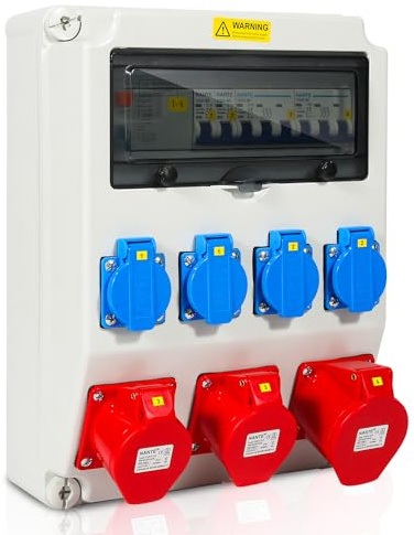 Tysobes Distribuidor de corriente, 1 x 32 A, 2 x 16 A, 4 x 230 V, con LS+FI, distribuidor de pared, con conducto, tapas plegables de seguridad para interior y exterior, obras